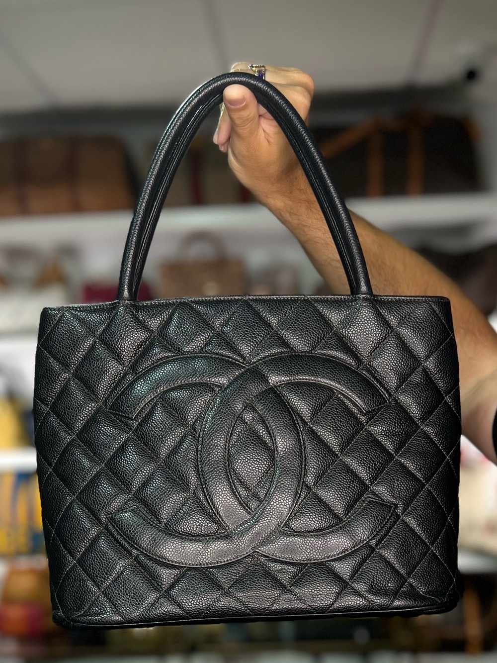 Chanel Black Caviar Leather Quilted Zip Tote